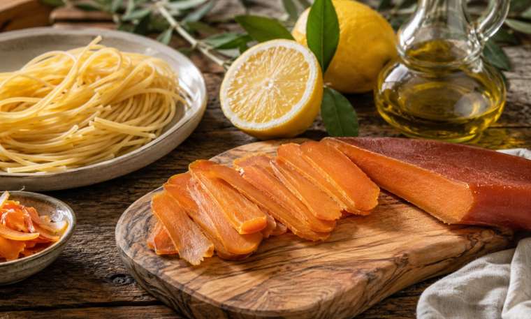 Bottarga aus Sardinien fein aufgeschnitten neben Pasta, Zitrone und Olivenöl