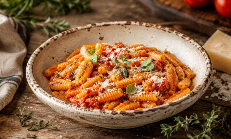 Malloreddus in einer Keramikschale mit Tomatensauce, Pecorino und Kräutern