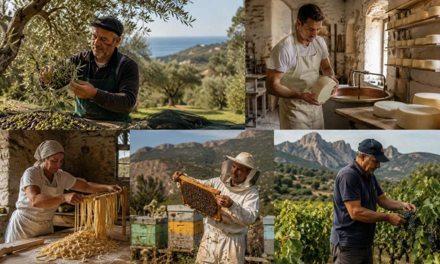 Sardische Produzenten in Olivenhain, Käserei, Pastamanufaktur, Imkerei und Weingut