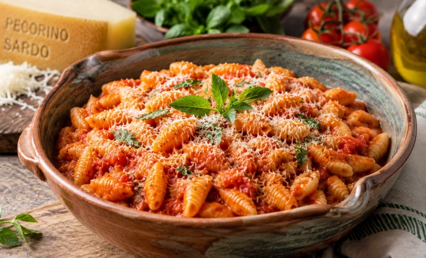 Malloreddus in einer Schale mit Tomatensauce, Pecorino Sardo und frischen Kräutern