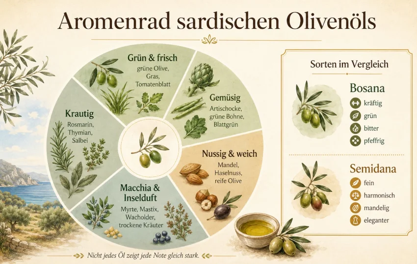 Aromenrad sardischen Olivenöls Aromenrad sardischen Olivenöls
