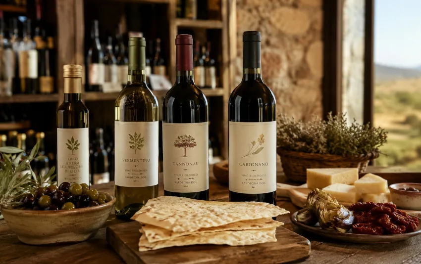 Sardische Bio-Weine mit Vermentino, Cannonau, Carignano, Pane Carasau, Olivenöl und mediterranen Spezialitäten im Weinhandel