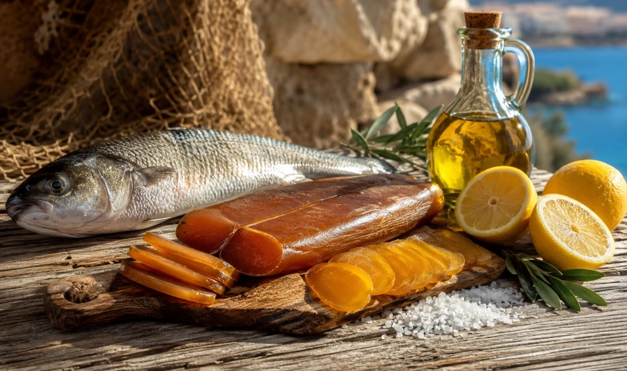 Sardische Bottarga neben Meeräsche, grobem Salz, Olivenöl und Zitrone als Hinweis auf Herkunft und Herstellung