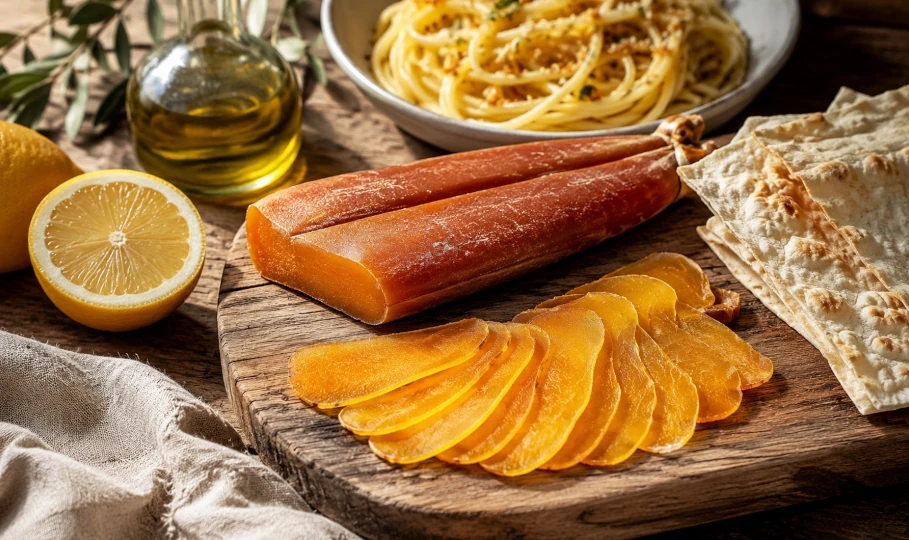 Bottarga aus Sardinien aufgeschnitten mit Pasta, Zitrone, Olivenöl und Pane Carasau auf einem rustikalen Tisch