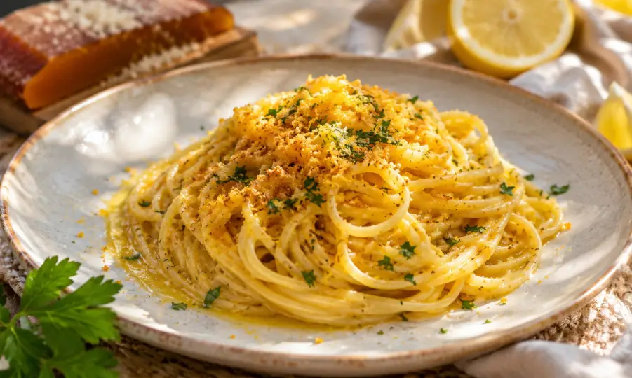 Pasta mit geriebener Bottarga, Zitrone, sardischem Olivenöl und Petersilie auf einem hellen Teller