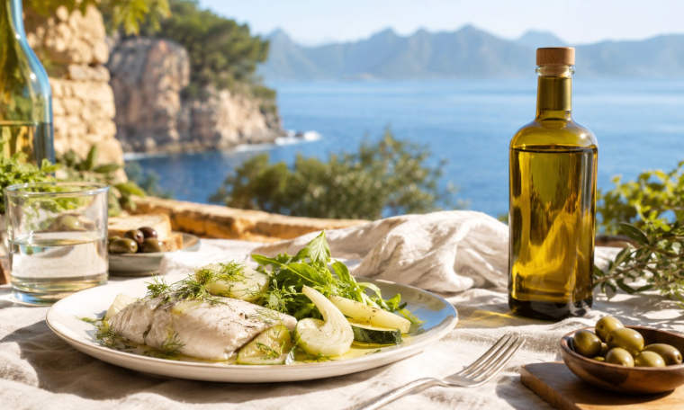 Mildes sardisches Olivenöl mit Fisch, Salat und hellem Gemüse auf einem mediterranen Tisch