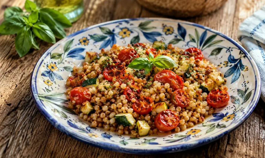Fregola Sarda in einer rustikalen Schale mit Gemüse, Olivenöl und Kräutern