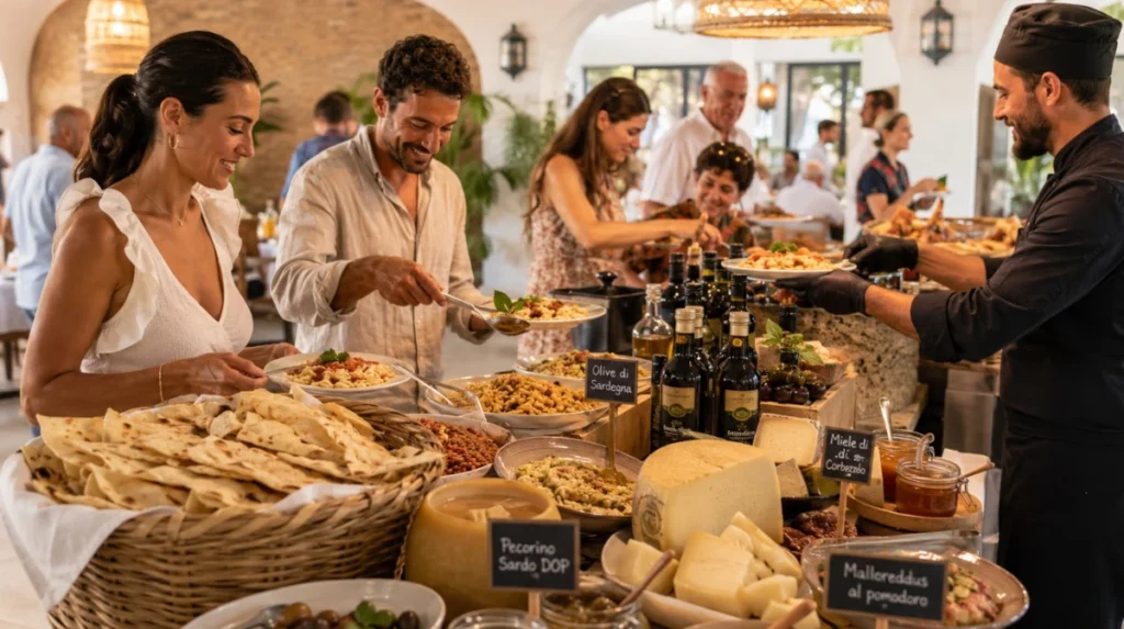 Restaurantgäste an einem sardischen Buffet