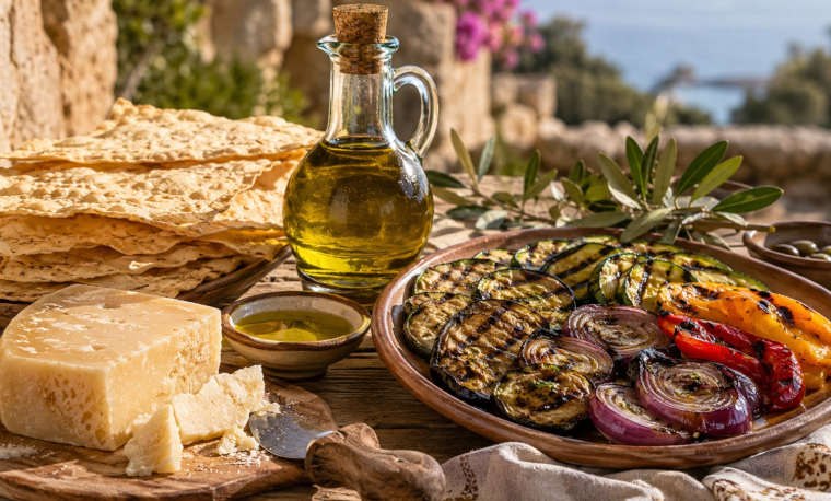 Kräftiges sardisches Olivenöl mit Pane Carasau, Pecorino Sardo und gegrilltem Gemüse