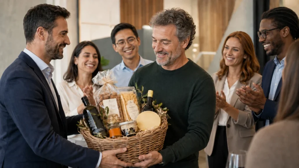 Firmenfeier mit Geschenkkorb voller sardischer Spezialitäten