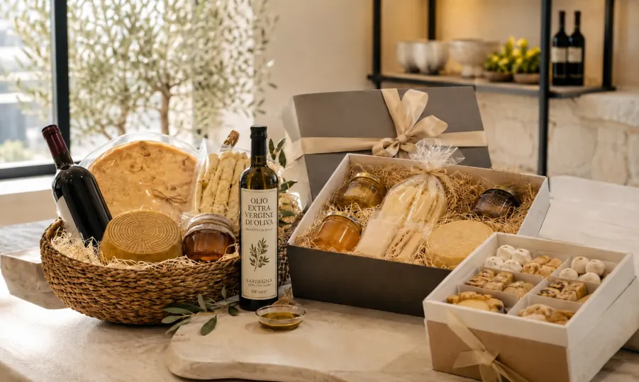 Geschenkset und -korb mit Olivenöl, Pane Carasau, Pecorino Sardo, Honig, Pasta, Wein und Süßwaren als hochwertiges Firmenpräsent