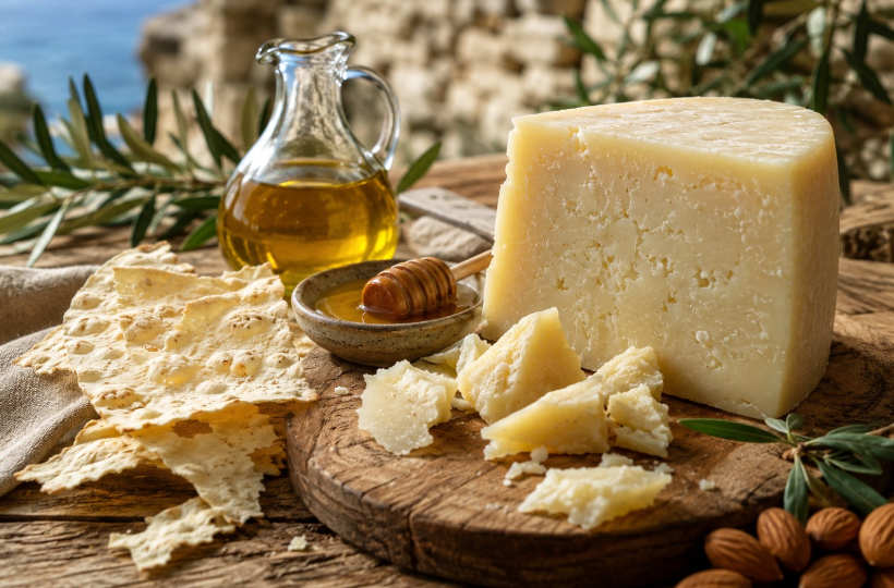 Pecorino Sardo auf Holzbrett mit sardischem Olivenöl, Pane Carasau und Honig
