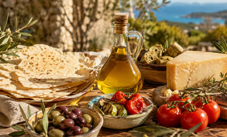 Sardisches Olivenöl mit Pane Carasau, Tomaten, Pecorino Sardo und Antipasti