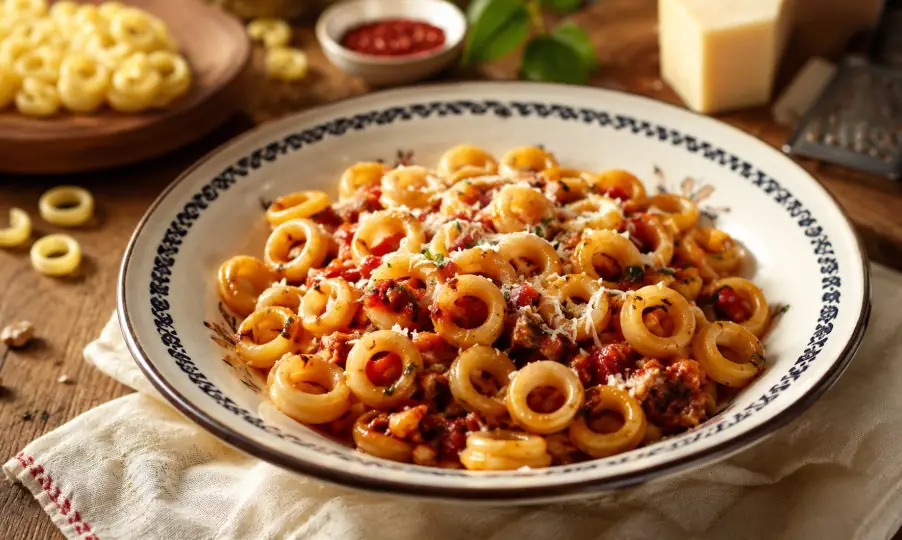 Traditionelle Lorighittas aus Sardinien als geflochtene Ringpasta auf einem Holztisch