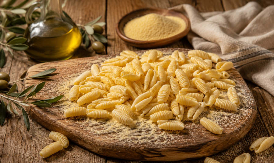 Traditionell geformte Malloreddus auf einem Holztisch mit Hartweizengrieß und sardischem Olivenöl
