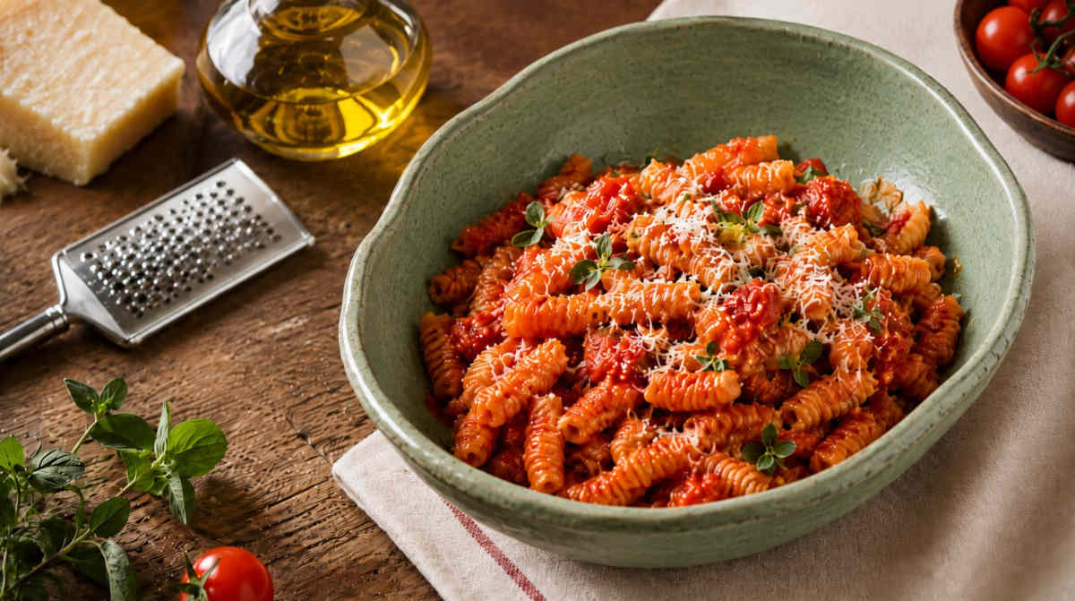 Malloreddus in einer Keramikschale mit Tomatensauce, Pecorino Sardo und frischen Kräutern