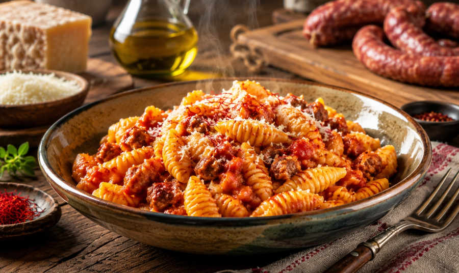 Malloreddus alla Campidanese mit Tomatensauce, Salsiccia, Safran und geriebenem Pecorino Sardo