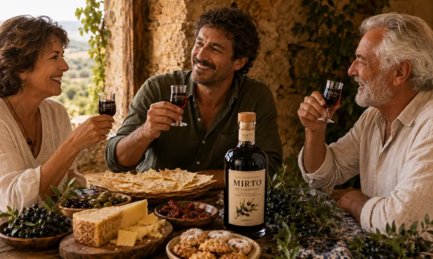 Drei Personen genießen Mirto aus Sardinien mit Myrtenbeeren, sardischem Gebäck, Pecorino Sardo und mediterranen Spezialitäten