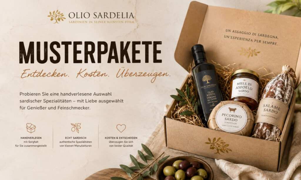 Musterpaket mit sardischen Spezialitäten wie Olivenöl, Pecorino, Honig und Oliven für gewerbliche Kunden