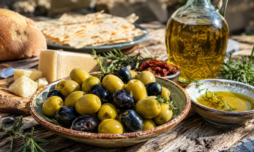 Sardische Oliven mit Olivenöl, Kräutern und mediterranen Spezialitäten auf einem rustikalen Tisch