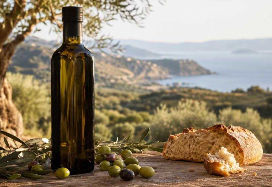 Flasche sardisches Olivenöl mit Olivenzweigen, Brot, Oliven und sardischer Landschaft im Hintergrund