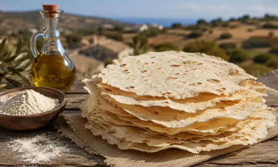 Traditionelles Pane Carasau auf einem Holztisch mit Hartweizenmehl, Olivenöl und sardischer Landschaft im Hintergrund