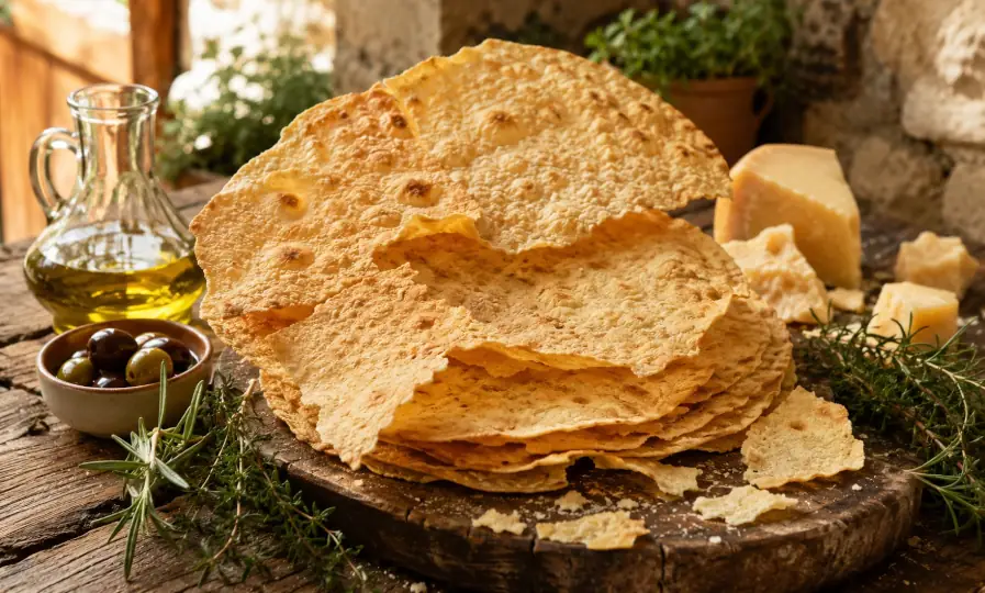 Dünnes knuspriges Pane Carasau auf einem rustikalen sardischen Tisch mit Olivenöl, Pecorino Sardo und Kräutern