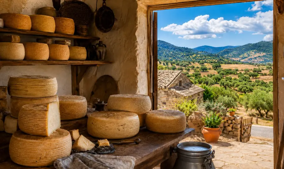 Sardische Schafskäse-Laibe in einer Käserei mit Blick auf eine ländliche Landschaft Sardiniens