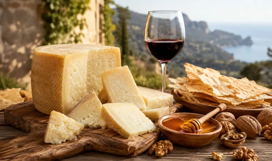 Aufgeschnittener Pecorino Sardo mit Honig, Walnüssen, Pane Carasau und einem Glas Wein