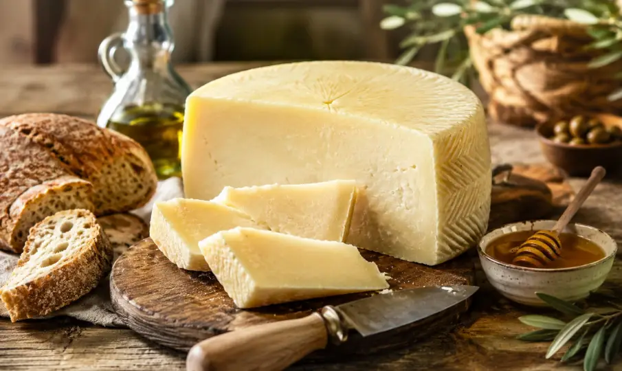 Pecorino Sardo auf einem Holzbrett mit Messer, sardischem Brot, Honig und Olivenöl