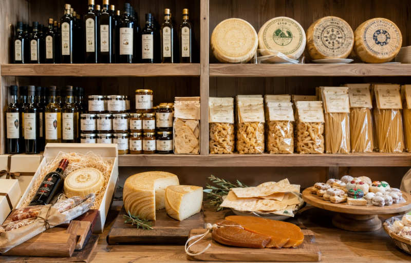 Sardische Feinkostwaren mit Olivenöl, Pecorino Sardo, Pane Carasau, Pasta, Honig, Bottarga und Süßwaren auf Tischen und in Regalen