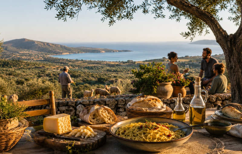 Sardische Landschaft mit Olivenhainen, Küstenregion, traditionellen Produkten und gedecktem Tisch mit Olivenöl, Brot, Käse und Pasta
