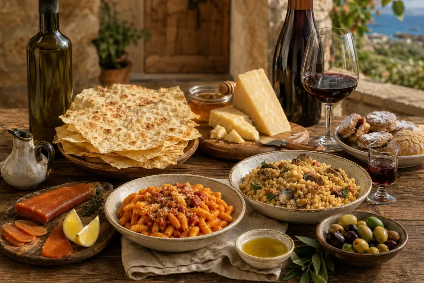 Sardische Küche mit Pane Carasau, Malloreddus, Pecorino Sardo, Olivenöl, Honig, Bottarga, Wein und Mirto auf einem rustikalen Tisch