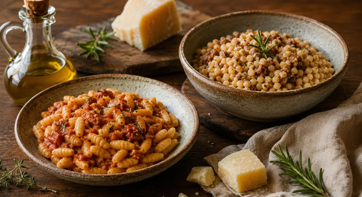Sardische Pasta wie Malloreddus und Fregola in Keramikschalen mit Olivenöl, Pecorino und Kräutern