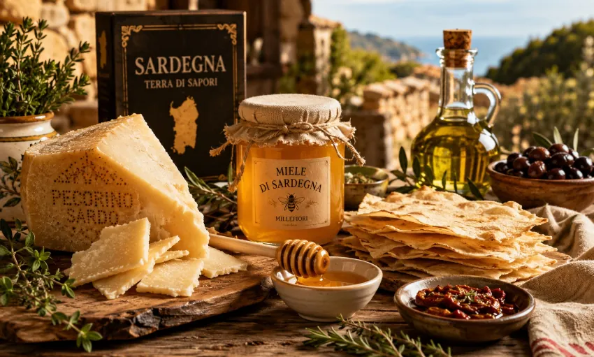 Sardischer Honig mit Pecorino Sardo, Pane Carasau, Olivenöl, Kräutern und mediterranen Spezialitäten auf einem rustikalen Tisch