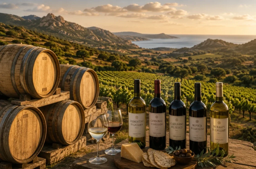 Weinfasser und Flaschen mit Weinsorten auf Sardinien