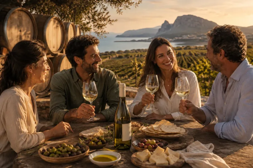 Urlauber genießen sardischen Wein mit Vermentino, Cannonau, Pecorino Sardo, Pane Carasau, Olivenöl und mediterranen Spezialitäten auf einem gedeckten Tisch