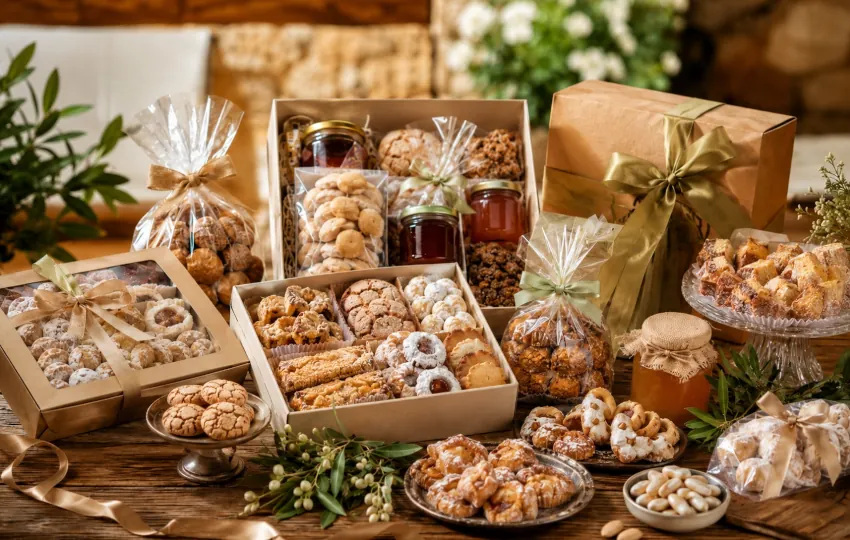 Geschenkset mit sardischen Süßwaren, Honig, Olivenöl, Pasta und dekorativer Verpackung