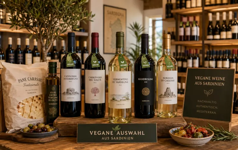 Vegane Weine und Mirto aus Sardinien im Regal