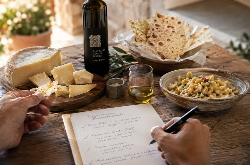 Verkostung sardischer Delikatessen mit Olivenöl, Käse, Brot, Pasta und handschriftlichen Notizen zur Produktauswahl