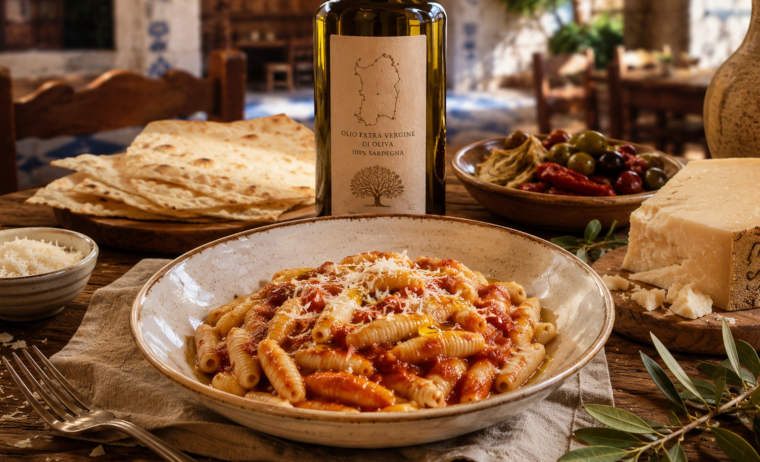 Malloreddus mit Tomatensauce, Pecorino und sardischem Olivenöl auf einem rustikalen Tisch