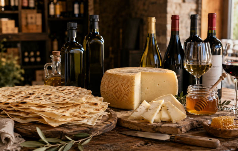 Sardische Delikatessen für den Weinhandel mit Pecorino Sardo, Pane Carasau, Olivenöl, Honig und Wein auf einem Holztisch