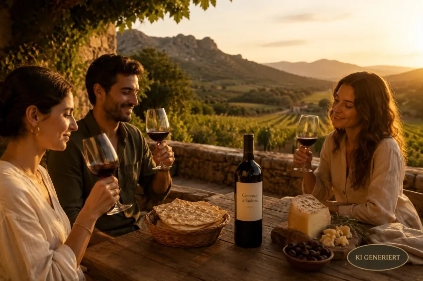 Drei Personen genießen Cannonau di Sardegna mit sardischem Pecorino, Pane Carasau und Weinbergen im Hintergrund