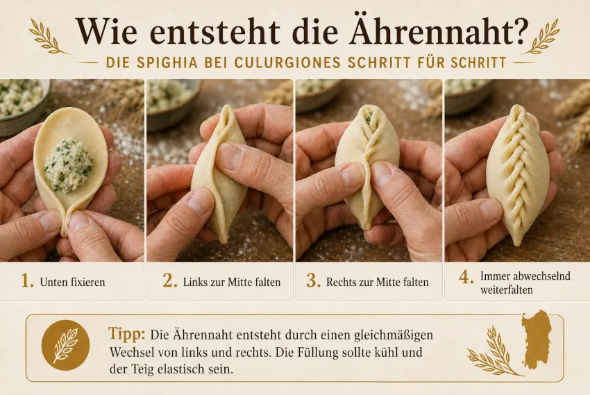 Culurgiones richtig falten, damit eine Ährennaht entsteht.