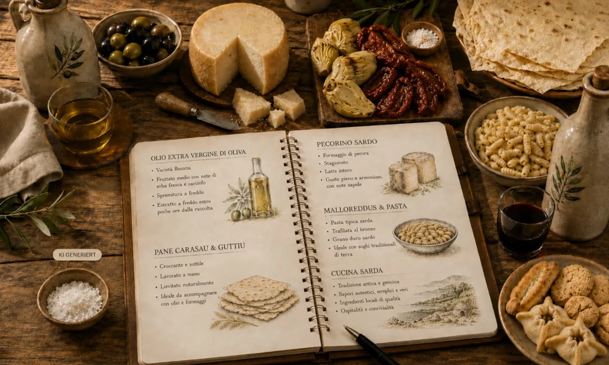 Notizbuch mit Produktwissen zu sardischem Olivenöl, Bottarga, Pecorino Sardo, Pane Carasau, Malloreddus und sardischer Küche