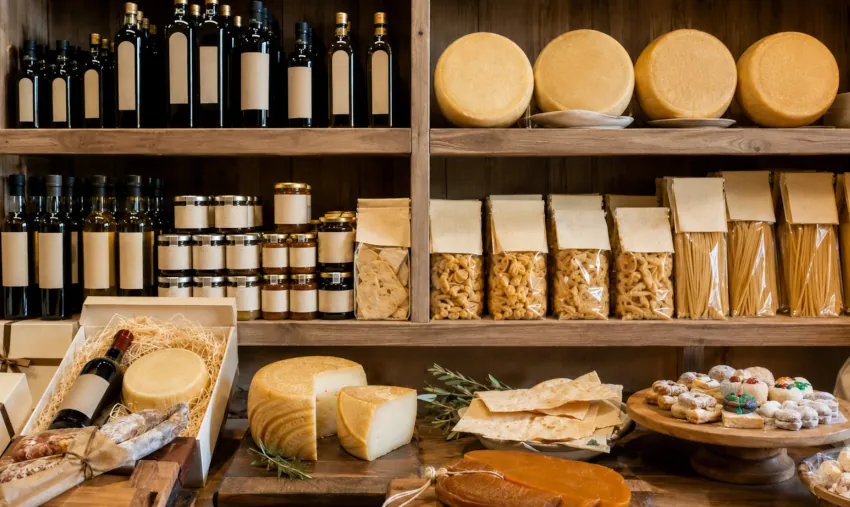 Sardische Feinkostwaren mit Olivenöl, Pecorino Sardo, Pane Carasau, Pasta, Honig, Bottarga und Süßwaren auf Tischen und in Regalen
