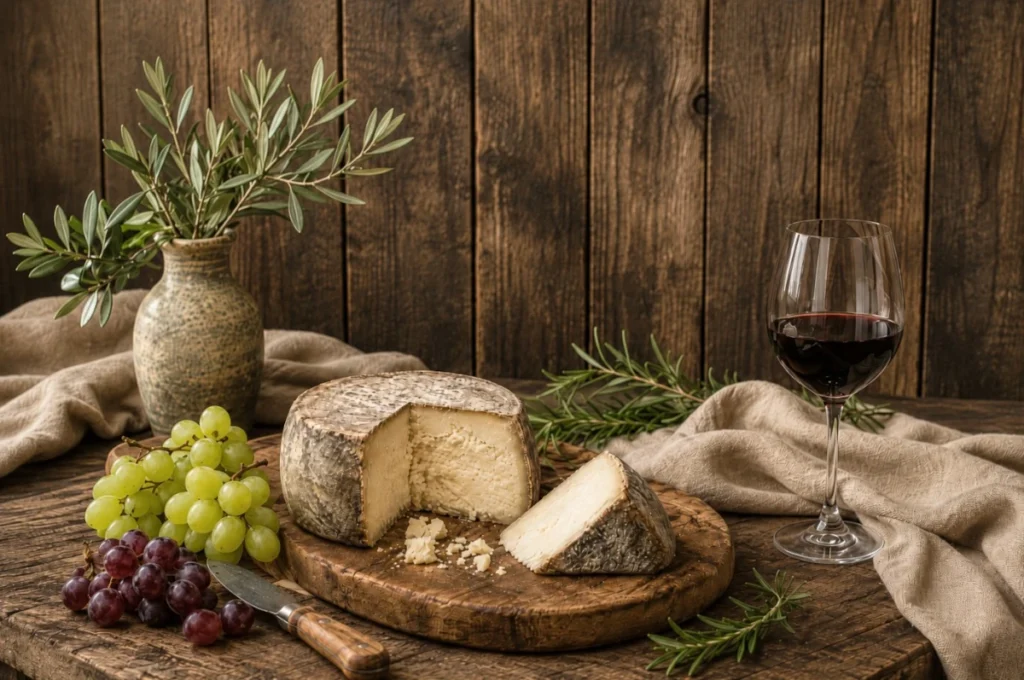 Stillleben mit einem Stück aufgeschnittenen Stück sardischem Fiore Sardo Käse