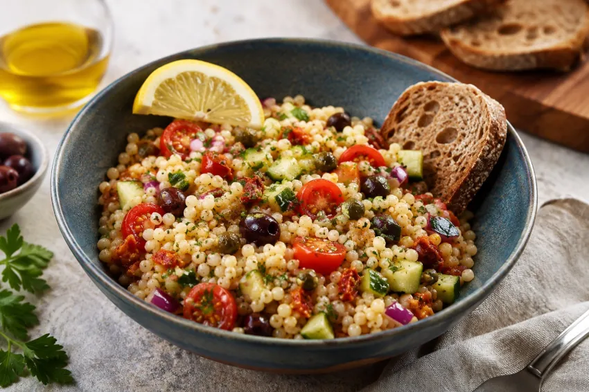 Veganes Fregola-Gericht mit Brotbeilage