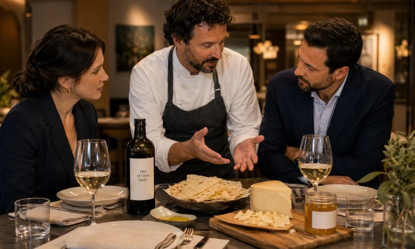 Restaurantmitarbeiter erklärt Gästen sardisches Olivenöl, Pane Carasau, Pecorino und weitere sardische Spezialitäten am Tisch