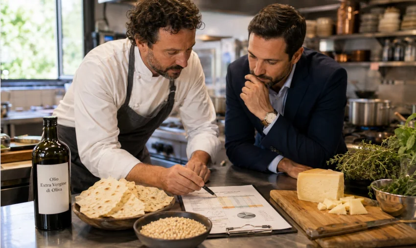 Küchenchef und Gastronomieverantwortlicher planen den Einsatz sardischer Spezialitäten und kalkulieren ein Gericht